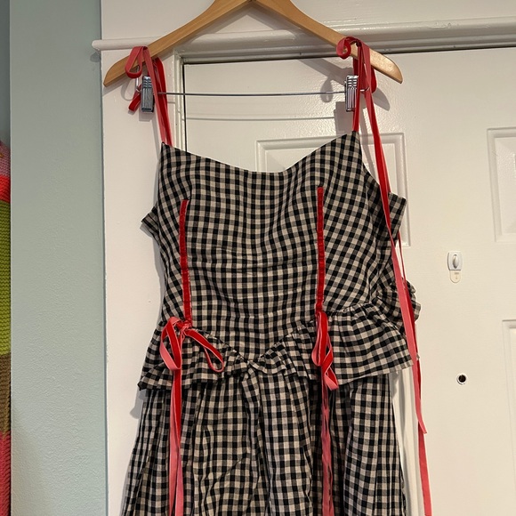 Eliza Faulkner Tessa Linen Black and White Gingham Dress with Red Ribbon - Picture 4 of 11